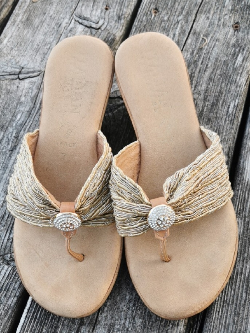 Italian Shoemakers Gold Metallic Glitter Boho Slide Sandals with Rhinestone. 7